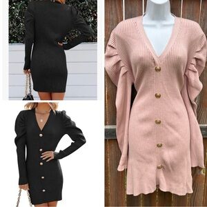 Elegant Long Sleeve Knit Dress in Black and Pink